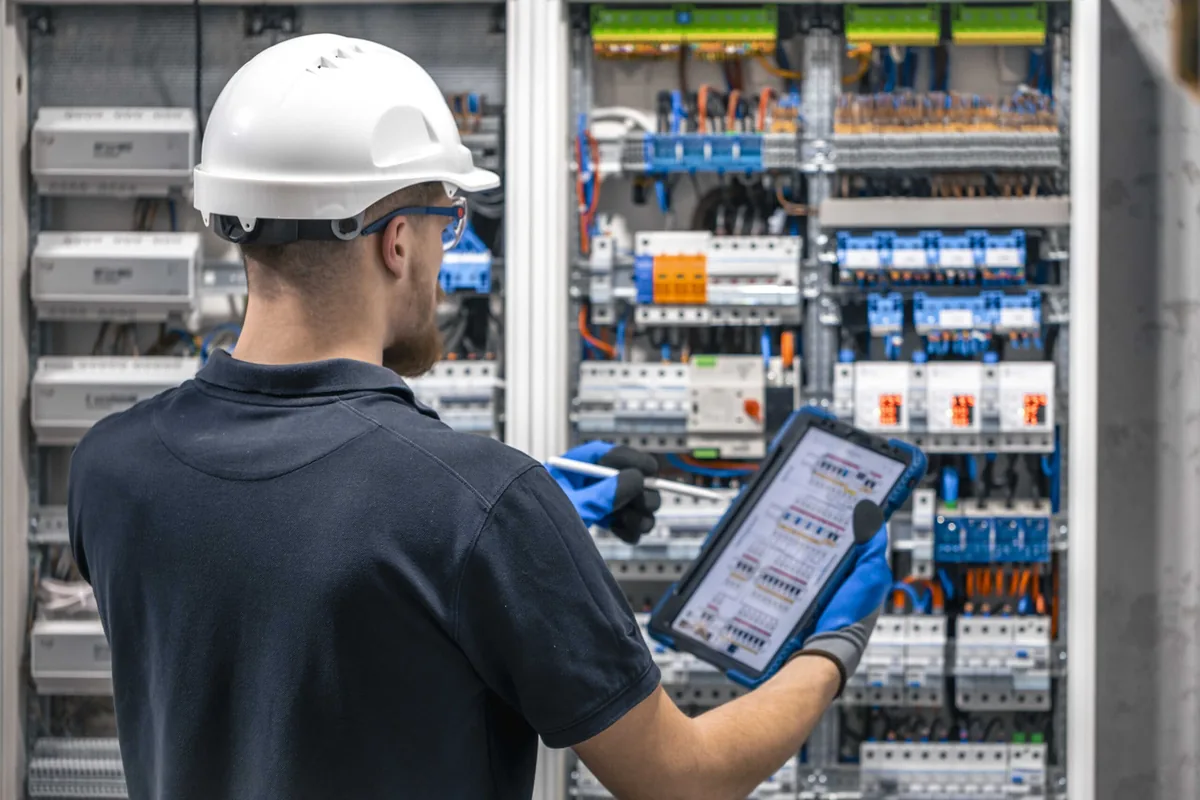 Instalador autorizado revisando un cuadro eléctrico para emitir el boletín en Tenerife