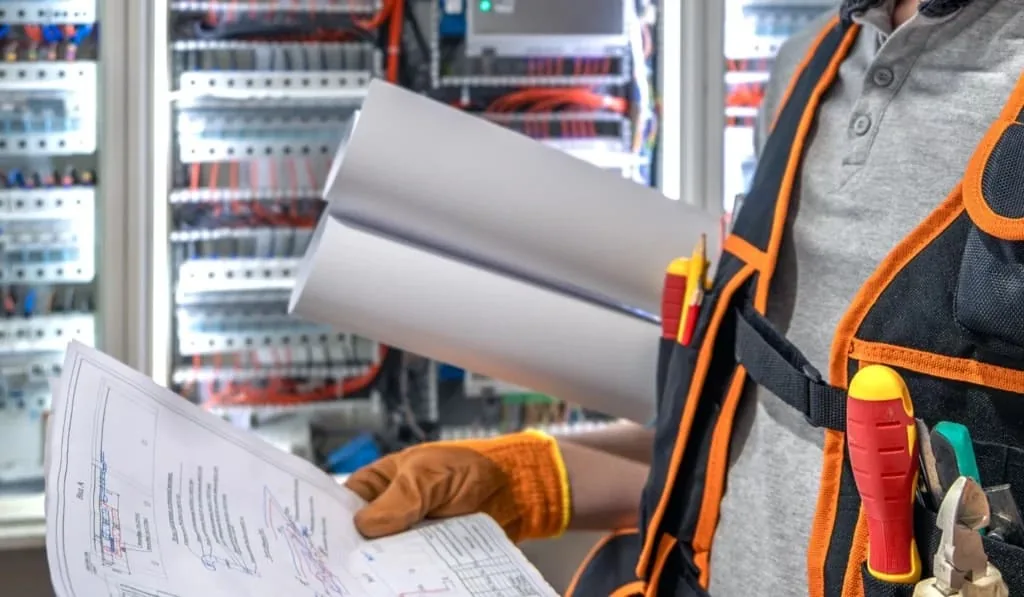 Técnico consultando el esquema de la instalación eléctrica en Tenerife