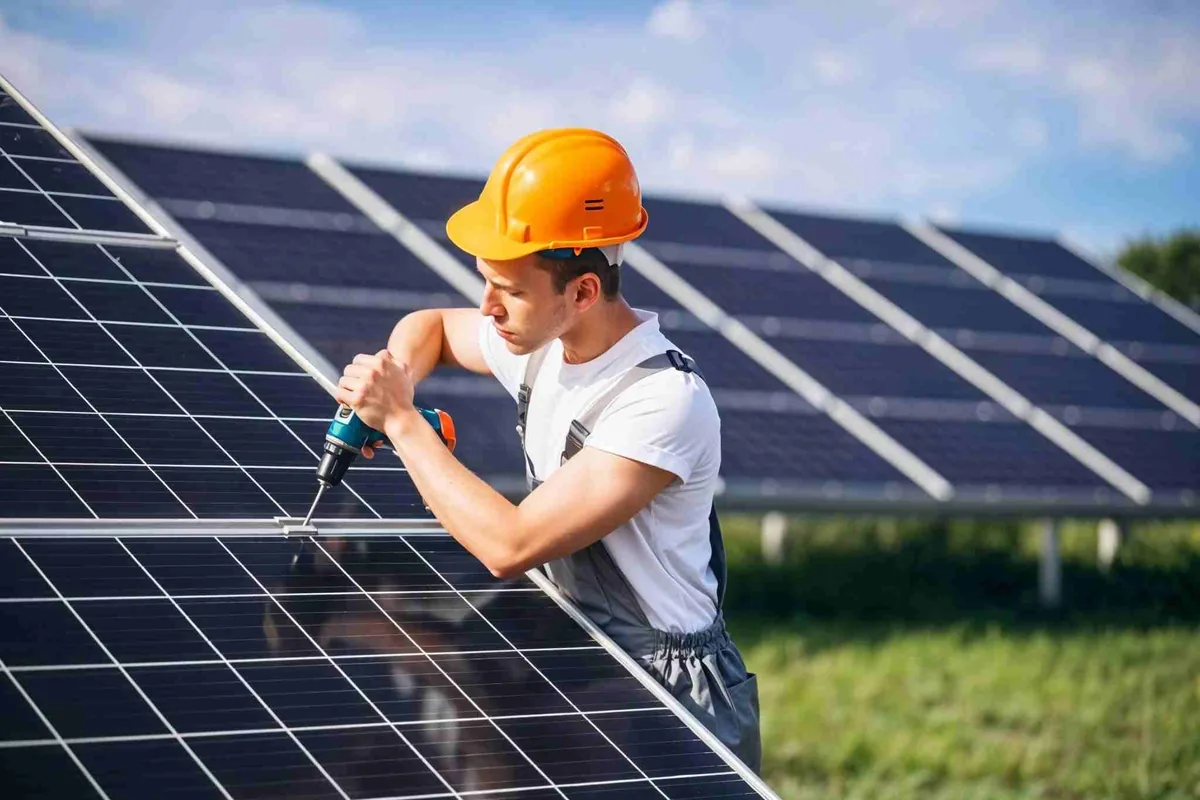 Campo fotovoltaico con filas de módulos y operario revisando la sujeción en Las Palmas