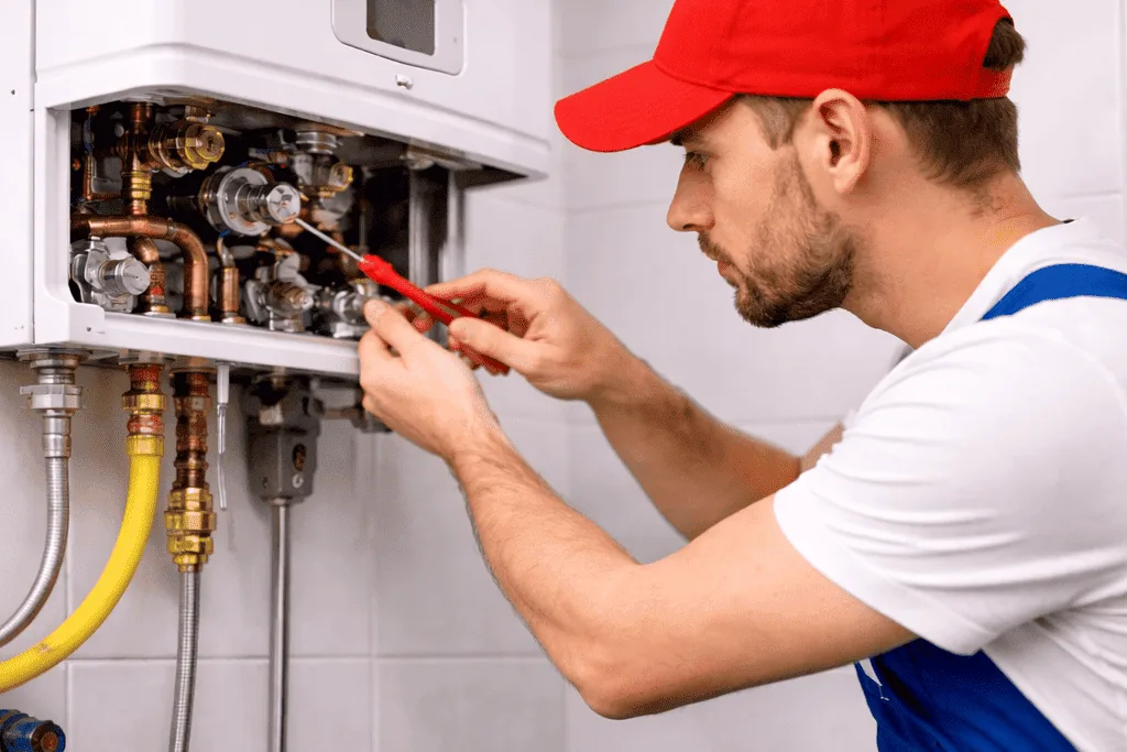 Técnico con gorra roja ajustando con destornillador el bloque de gas de un calentador mural abierto en un piso de Barcelona