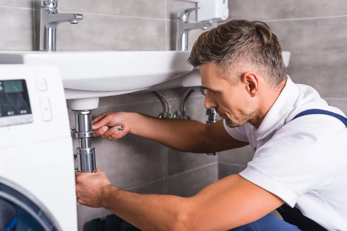 Técnico agachado junto a una lavadora aflojando con la mano el sifón cromado bajo un lavabo doble en un baño de Vigo
