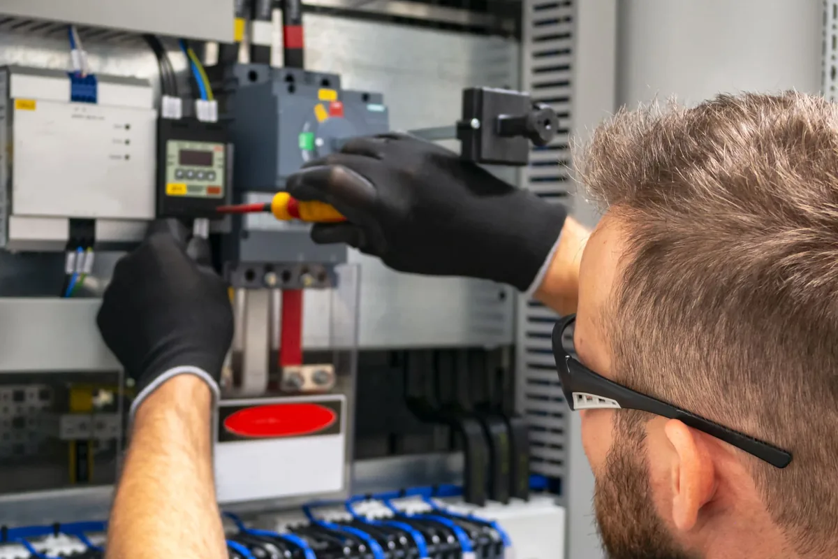 Electricista con guantes y gafas de protección apretando una conexión en un cuadro eléctrico industrial de una nave de Elche