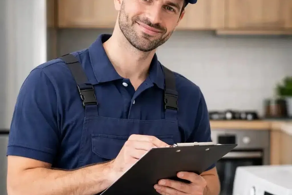 Técnico sonriente con gorra azul y peto, apuntando en una tablilla junto a su bolsa de herramientas con un polímetro en una cocina de Elche