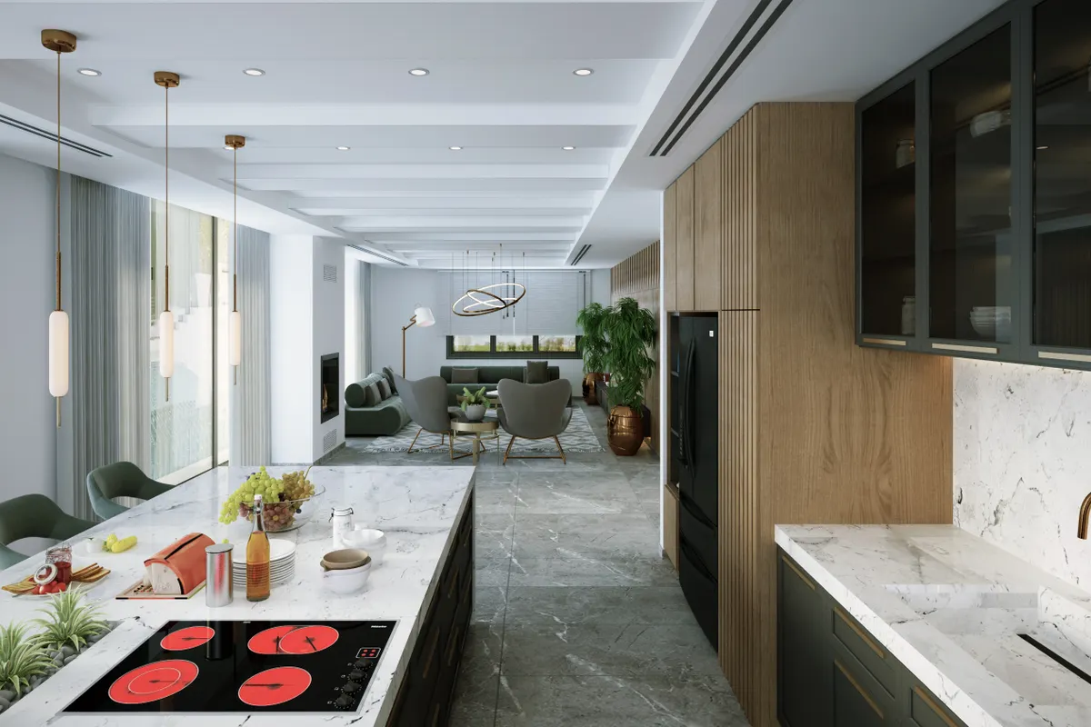 Cocina con encimeras de mármol, placa de inducción y elementos de diseño moderno