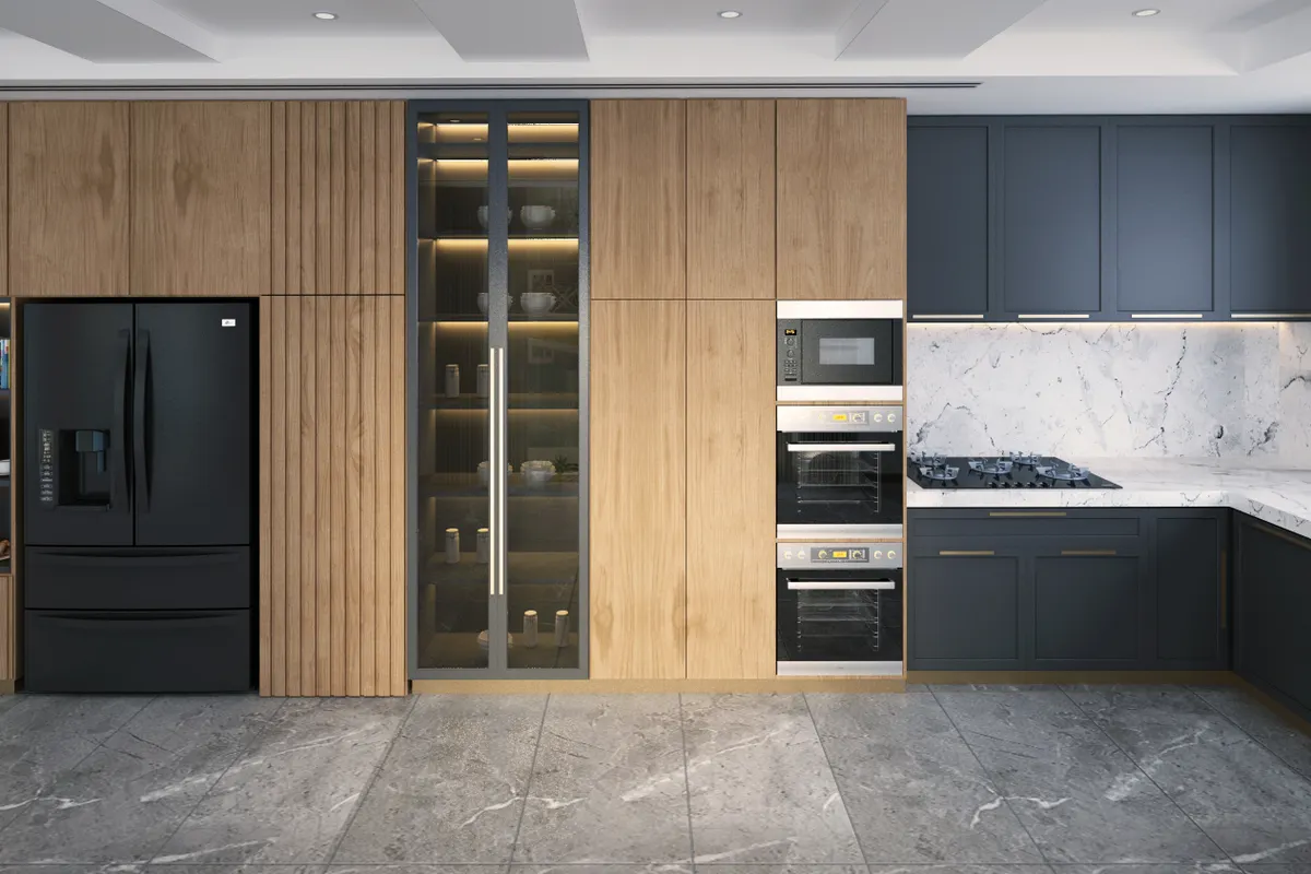 Cocina contemporánea con muebles de madera, electrodomésticos modernos y frontal de mármol