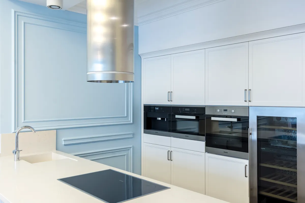 Cocina contemporánea y minimalista con hornos empotrados y muchos armarios