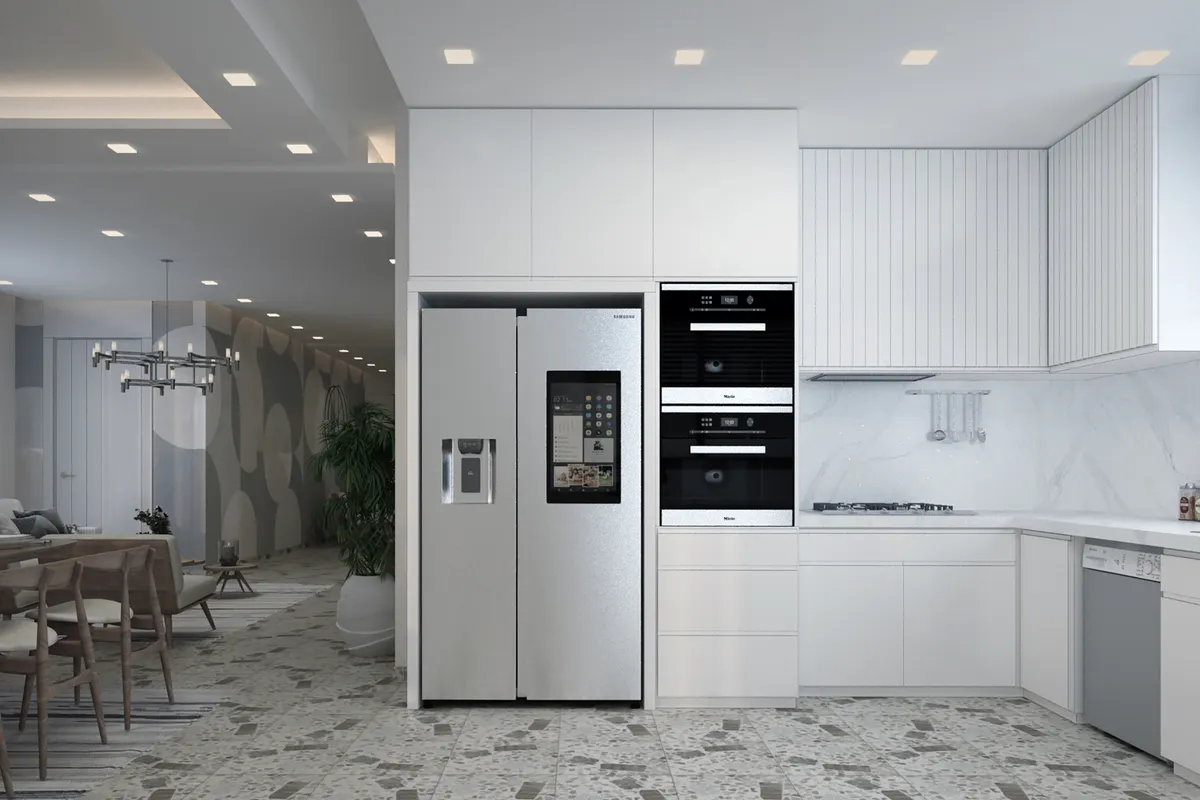 Cocina moderna con muebles blancos, encimeras de mármol y electrodomésticos integrados