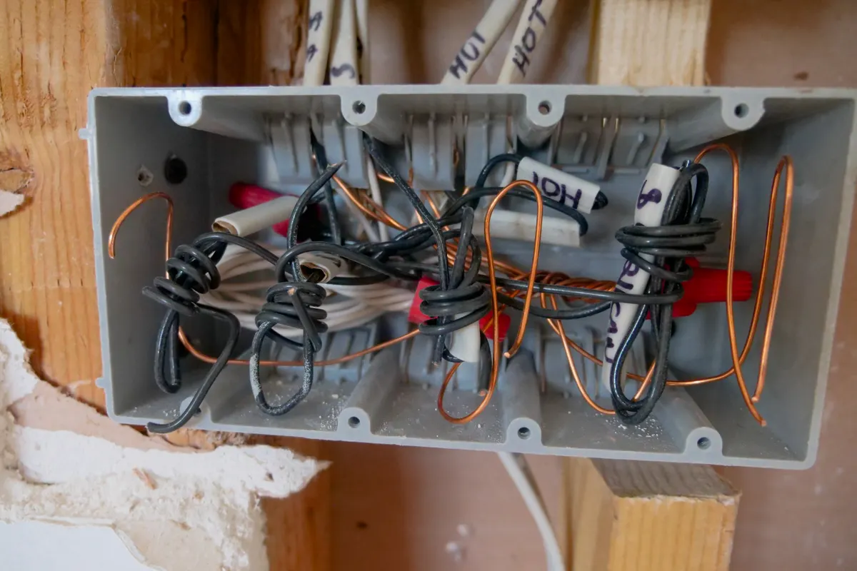 Cuadro eléctrico abierto con cables enredados a la vista