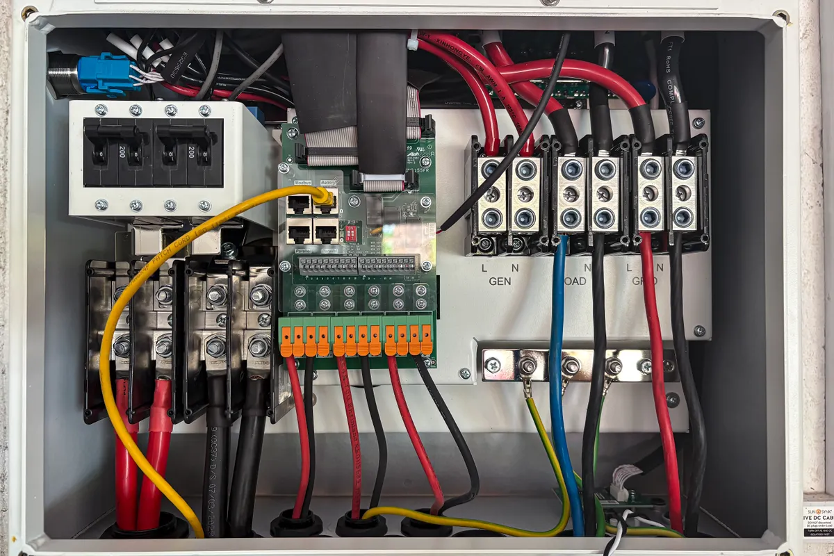 Cuadro eléctrico abierto con interruptores automáticos, bornes de conexión y cables de colores bien ordenados