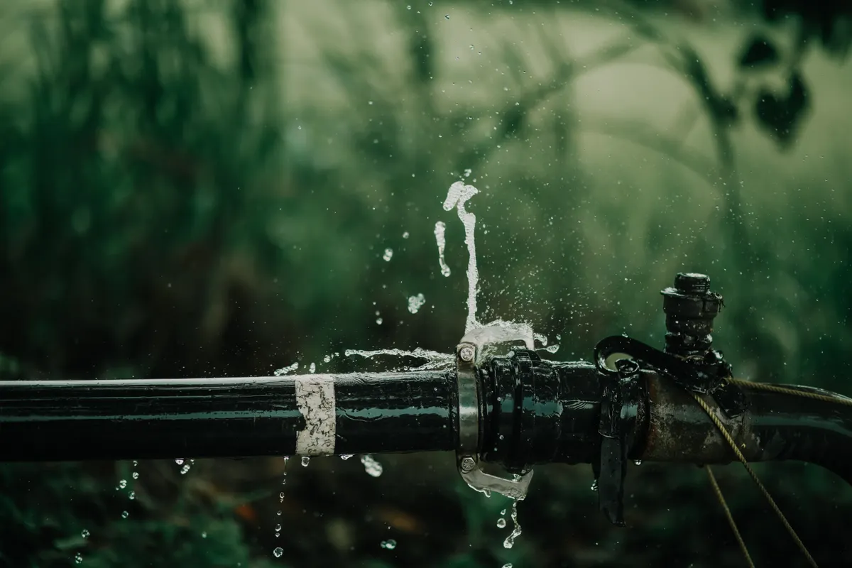 Fuga de agua a presión en el empalme de una tubería negra con abrazadera, junto a un tramo metálico oxidado