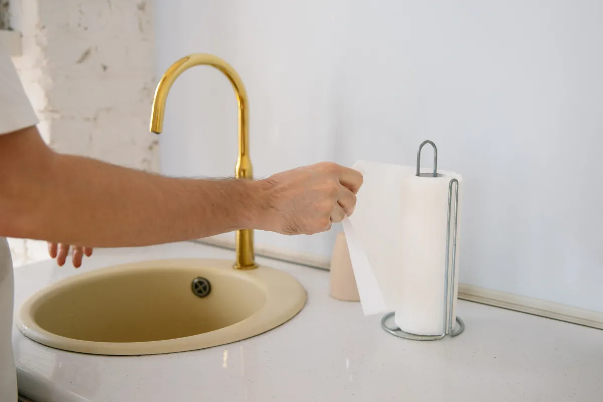 Lavabo con grifo dorado y una mano cogiendo una toalla de papel