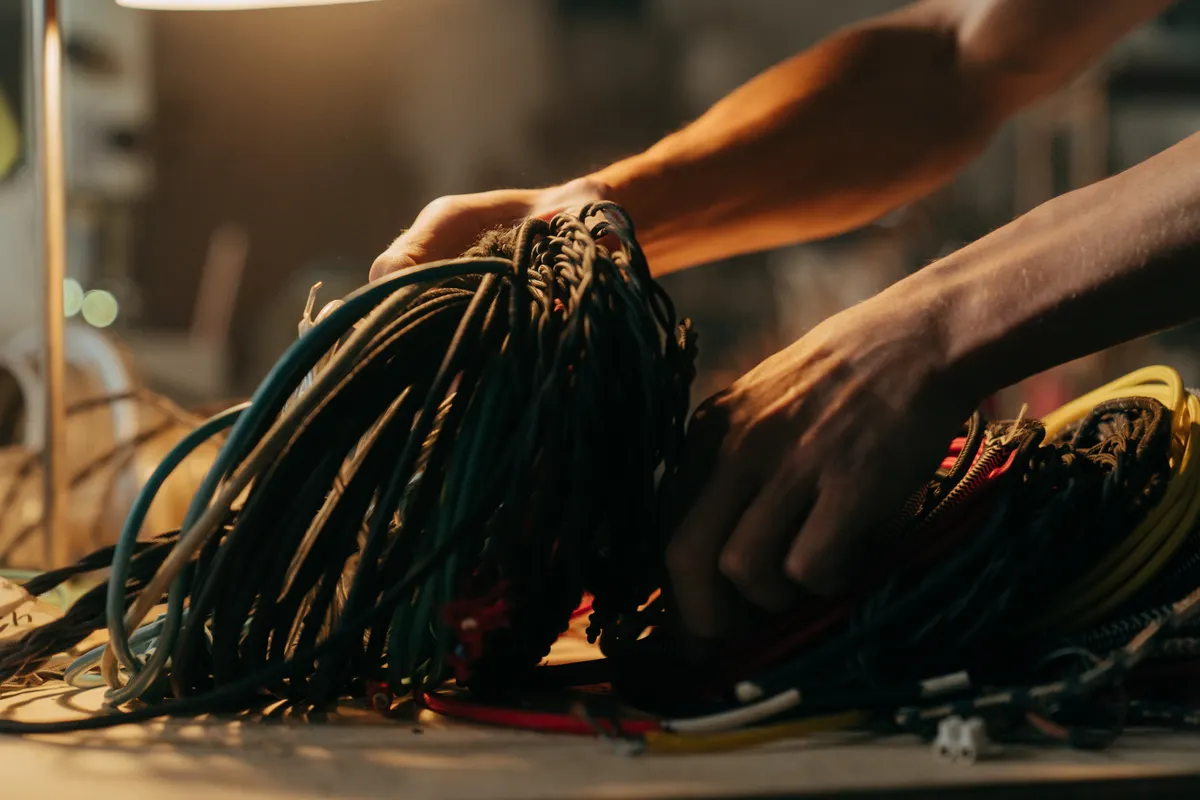 Manos seleccionando cables eléctricos de colores sobre una mesa con luz suave