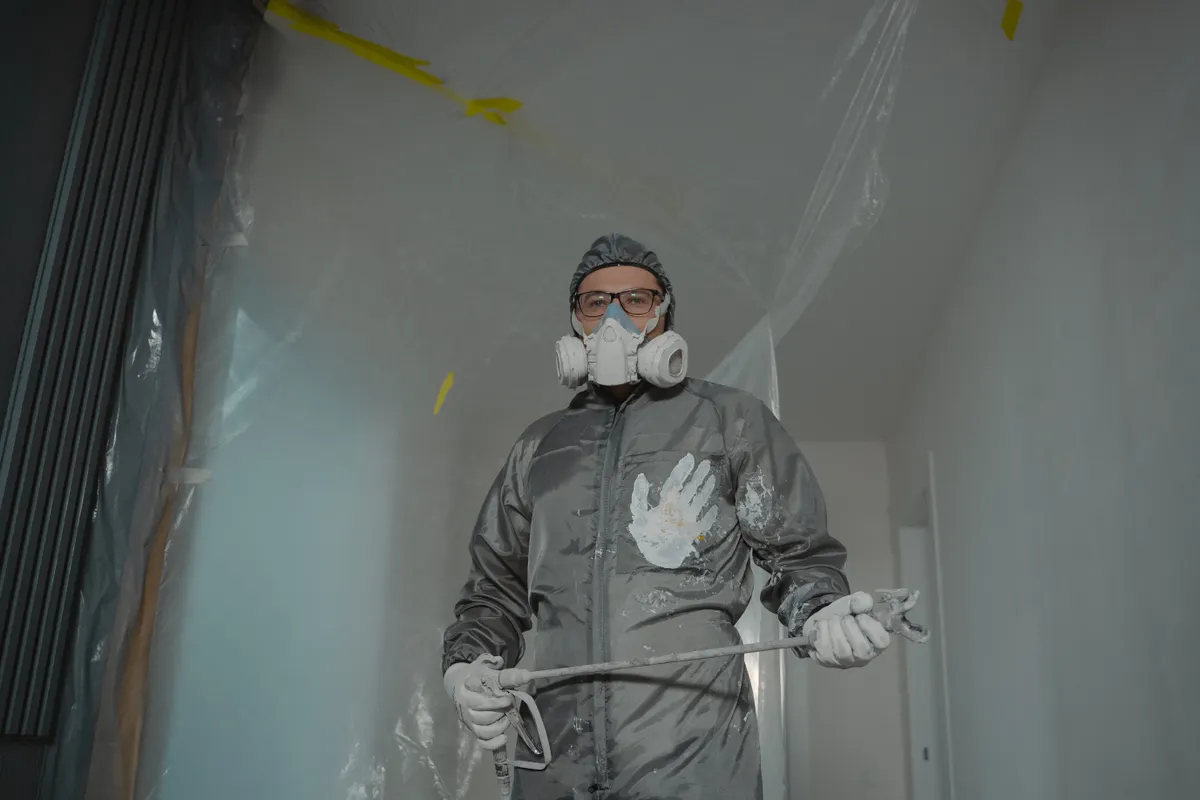 Pintor con mono de protección, mascarilla y gafas preparándose para una reforma interior