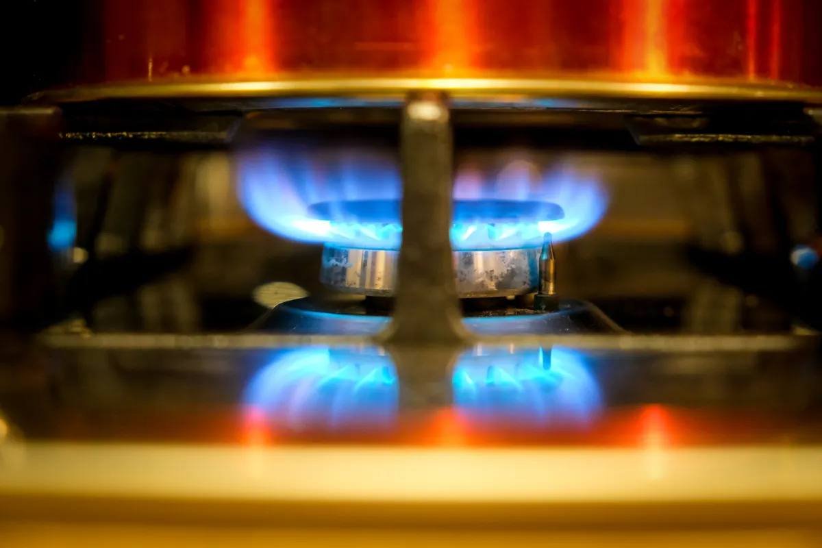 Primer plano de la llama azul de un quemador de cocina de gas